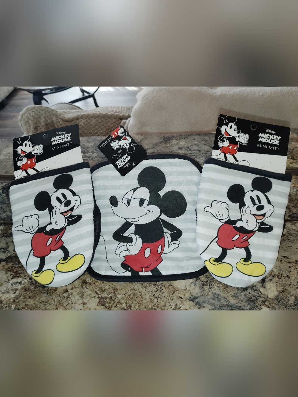 Disney Mickey Mouse Mini Oven Mitts and Pot Holder Set - Gray Stripe New Kitchen